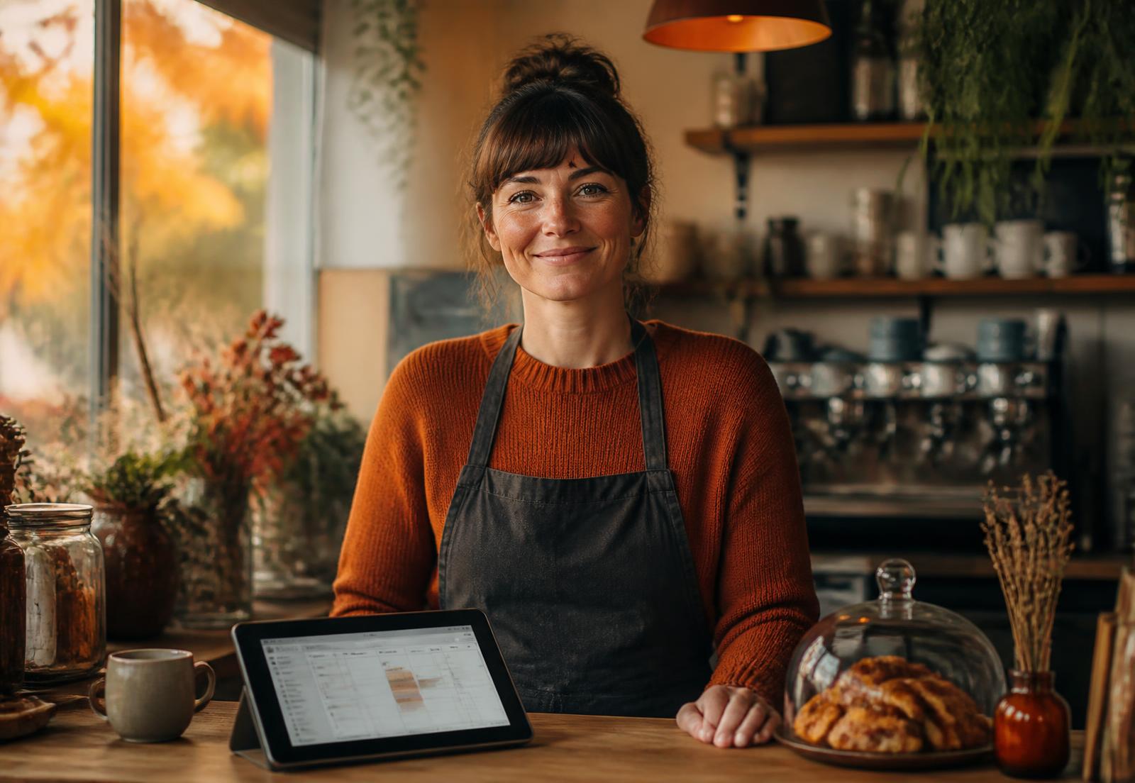 An independent café owner behind her counter with a simple booking screen open on a tablet
